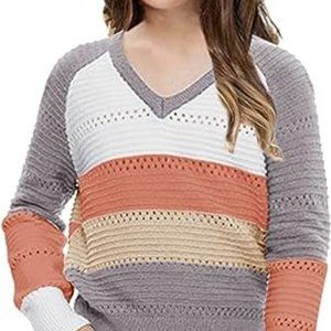 Girls' Long Sleeve Knit Sweater Color Block V Neck Cute Warm Pullover